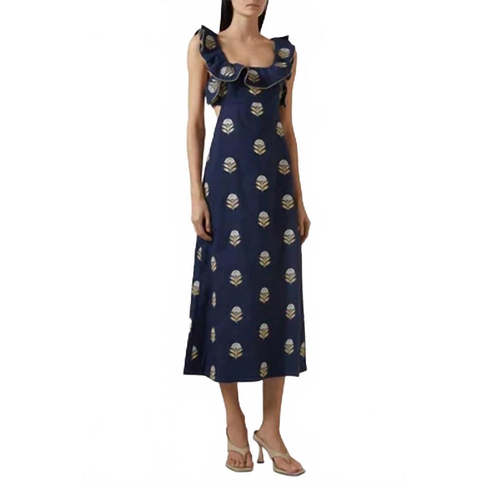 NEW ROSEWATER HOUSE malika floral embroidered dress in navy